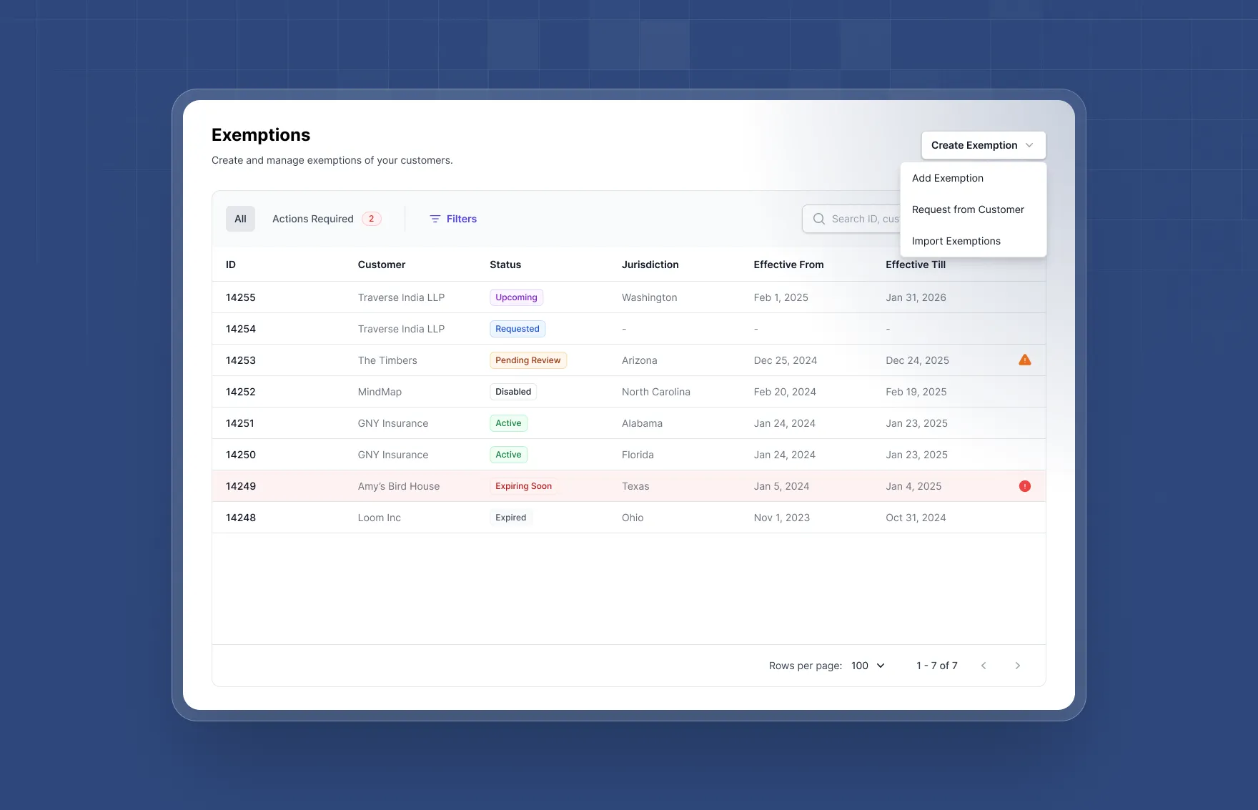 Galvix exemption certificate management portal